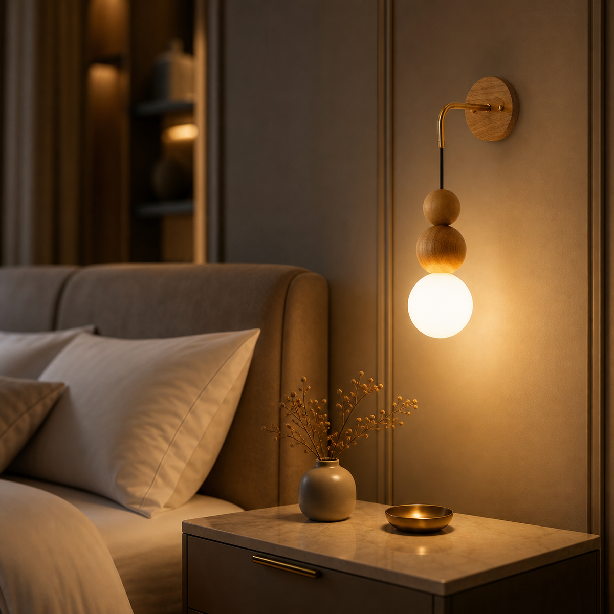 Lampe de chevet murale sphère en bois