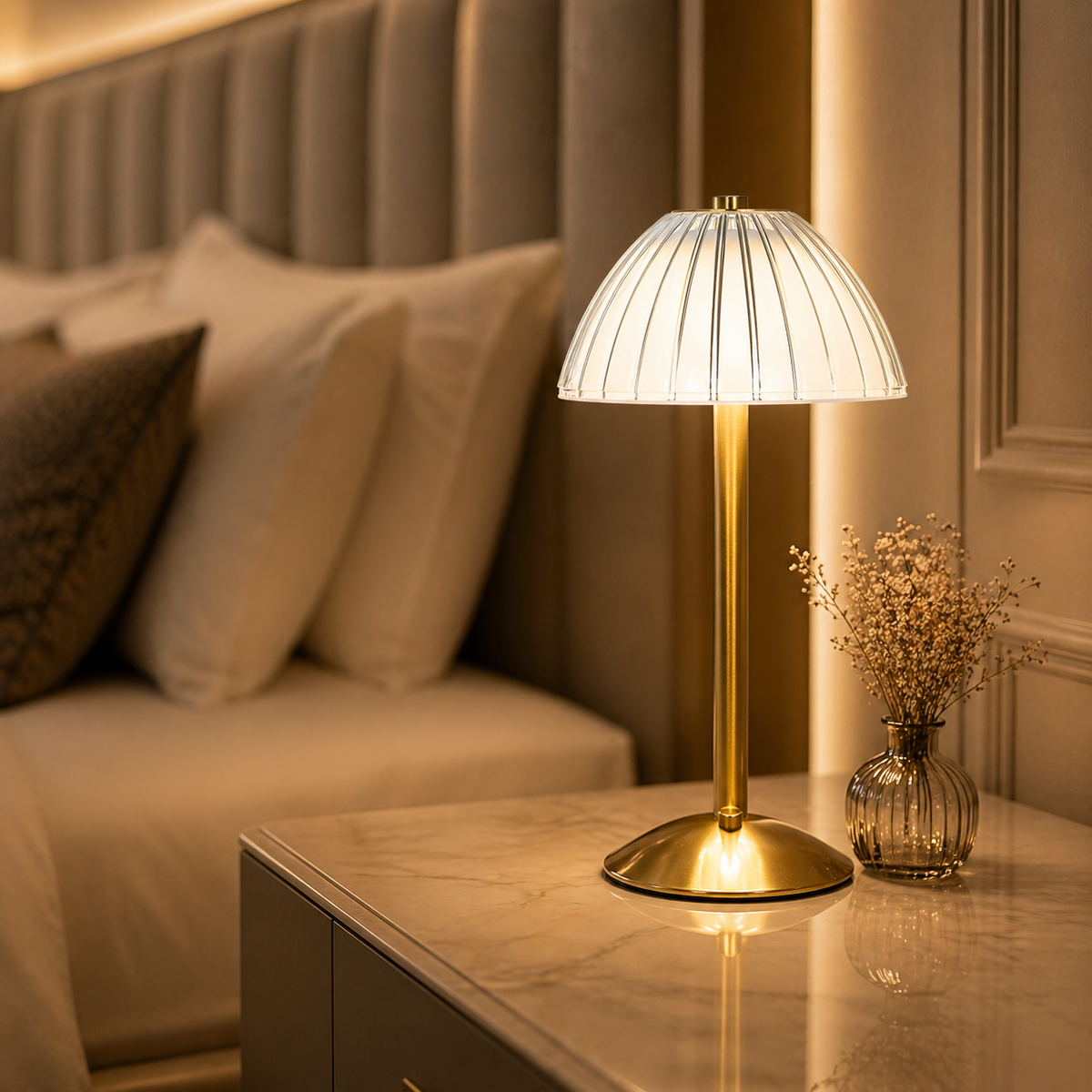 Lampe de chevet dorée forme champignon