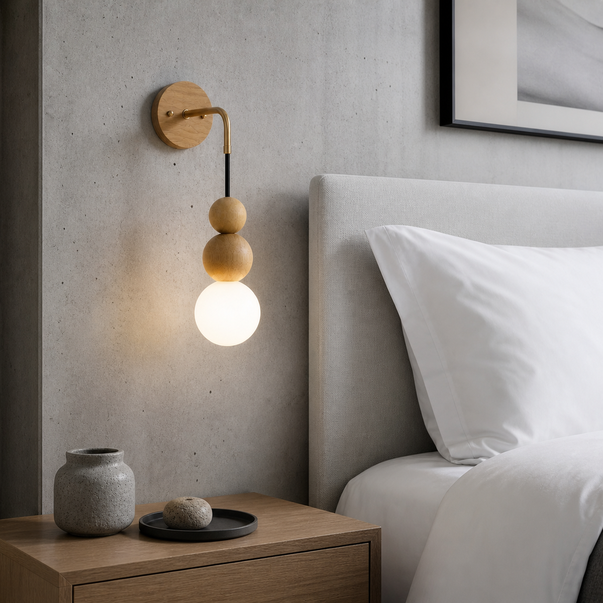 Lampe de chevet murale sphère en bois