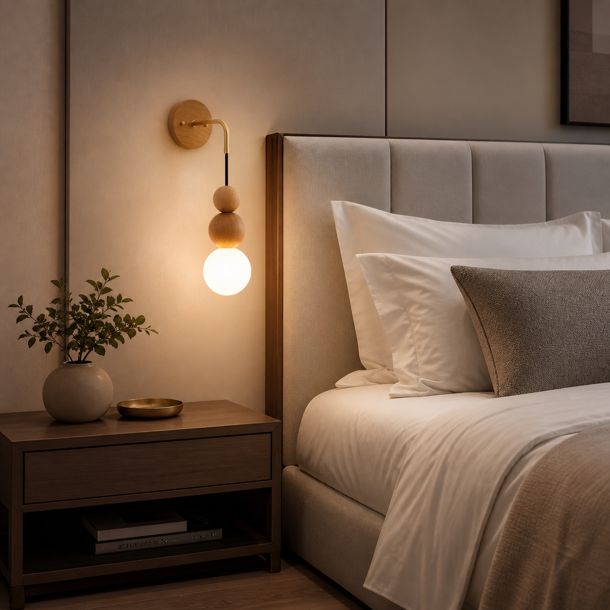 Lampe de chevet murale sphère en bois